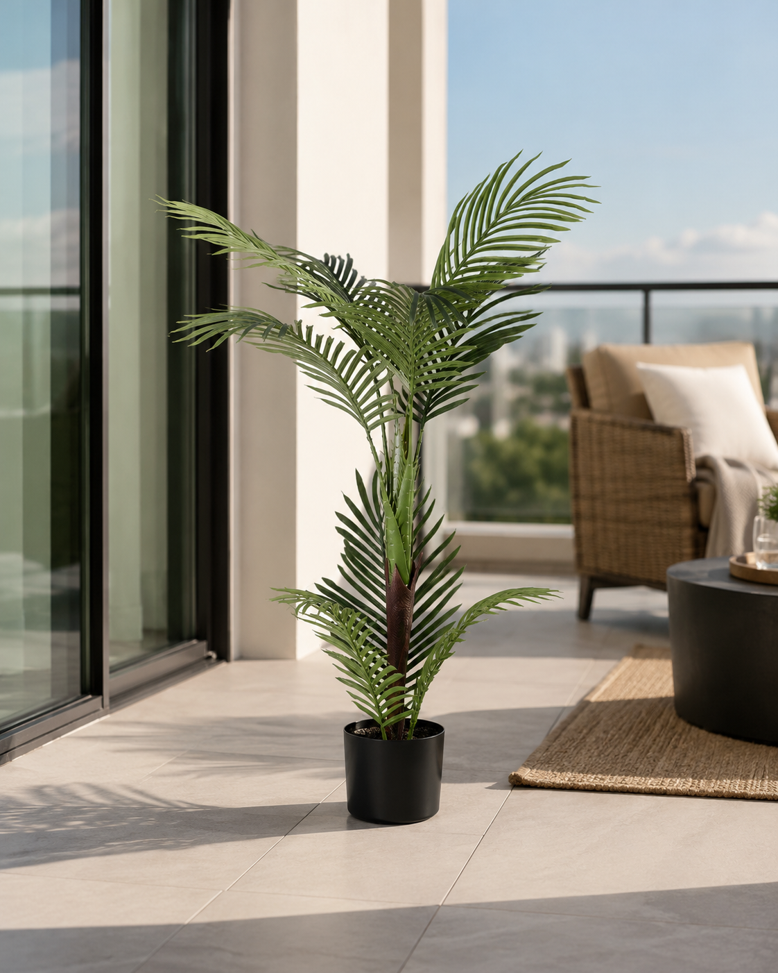 Potted plant on a patio with chairs and a table in the background