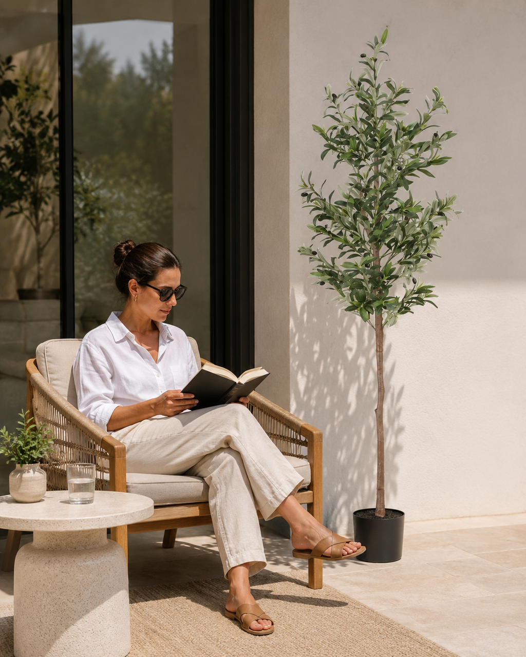 Woman reading a book on a patio with a plant and table nearby