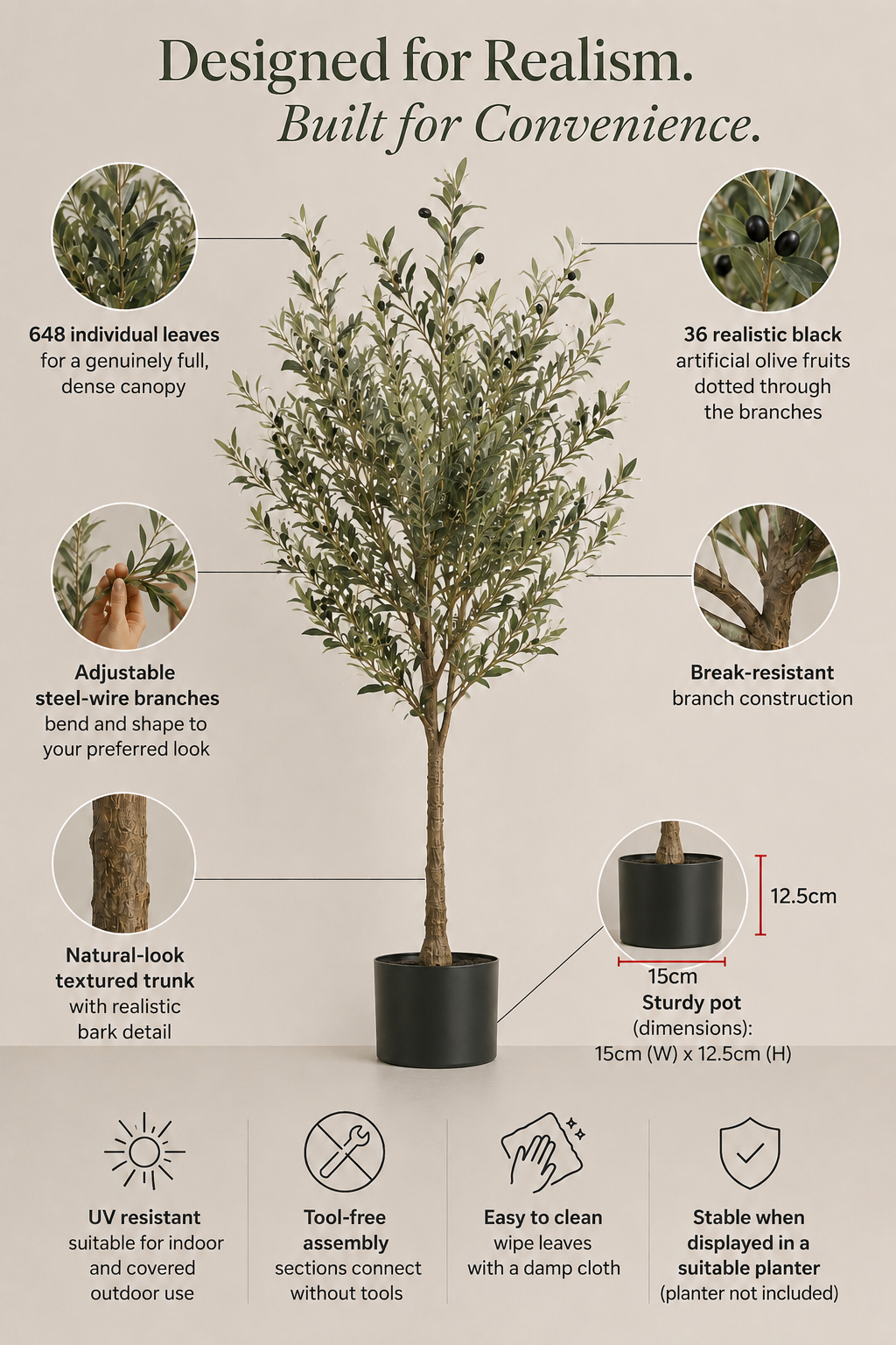 Artificial olive tree with features highlighted on a beige background