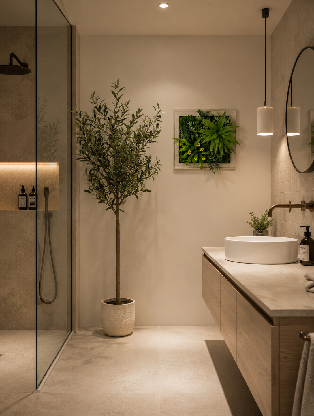 Modern bathroom with a potted plant, sink, and framed artwork on the wall.