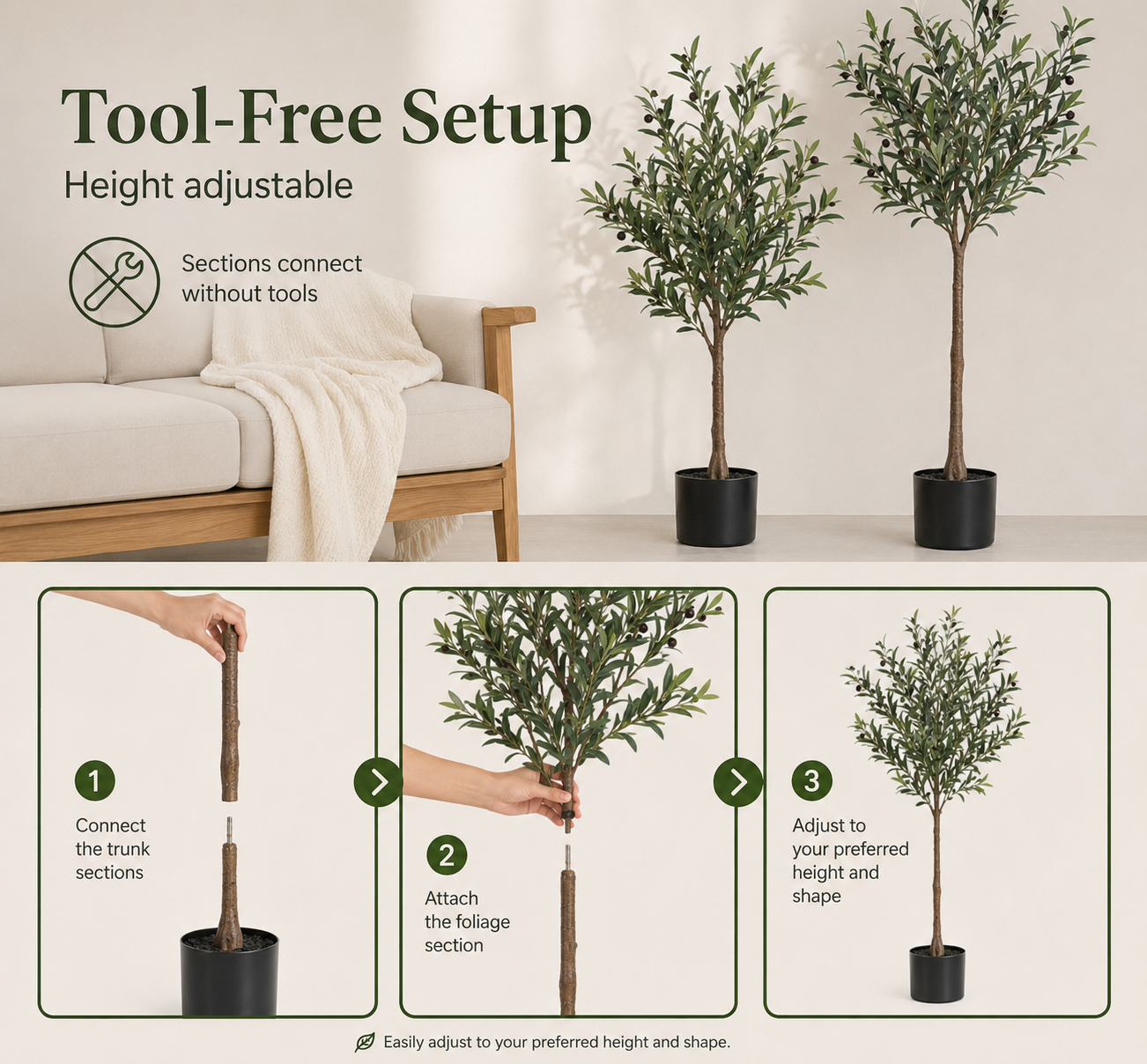Instructions for setting up height-adjustable artificial plants with a living room background.