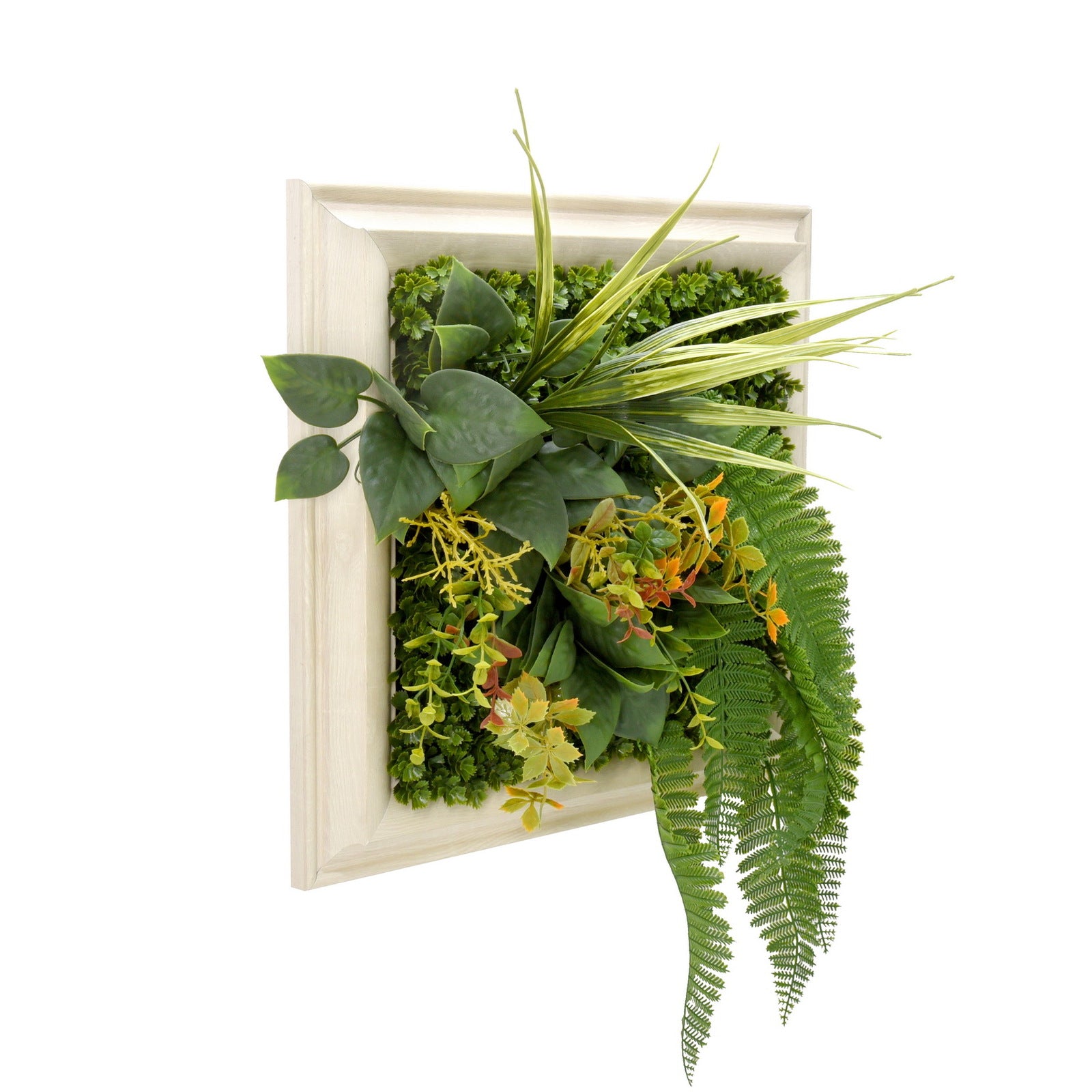 Artificial Green Wall Art Panel | White Frame | Cascading Foliage | 33x33cm