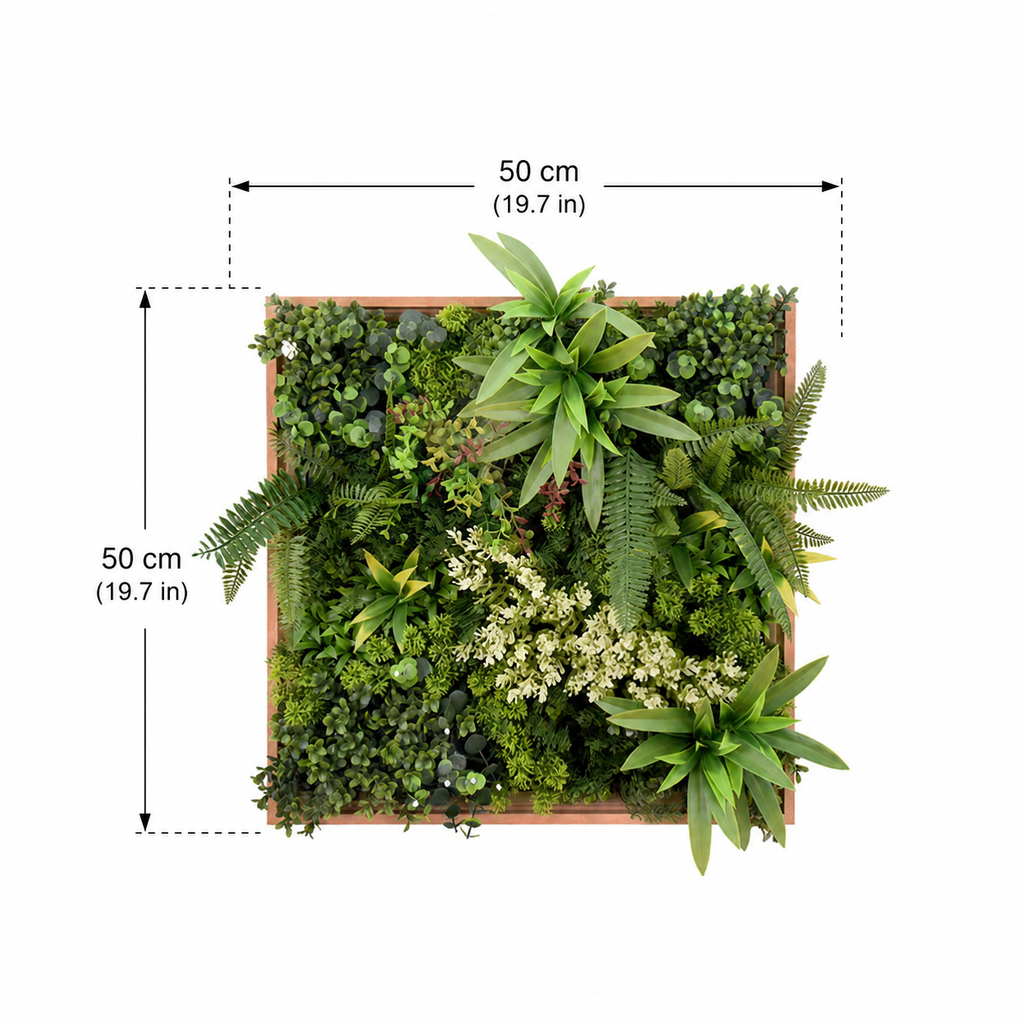 Artificial Green Wall Art Panel | Timber Frame | Lush Botanical | 50x50cm